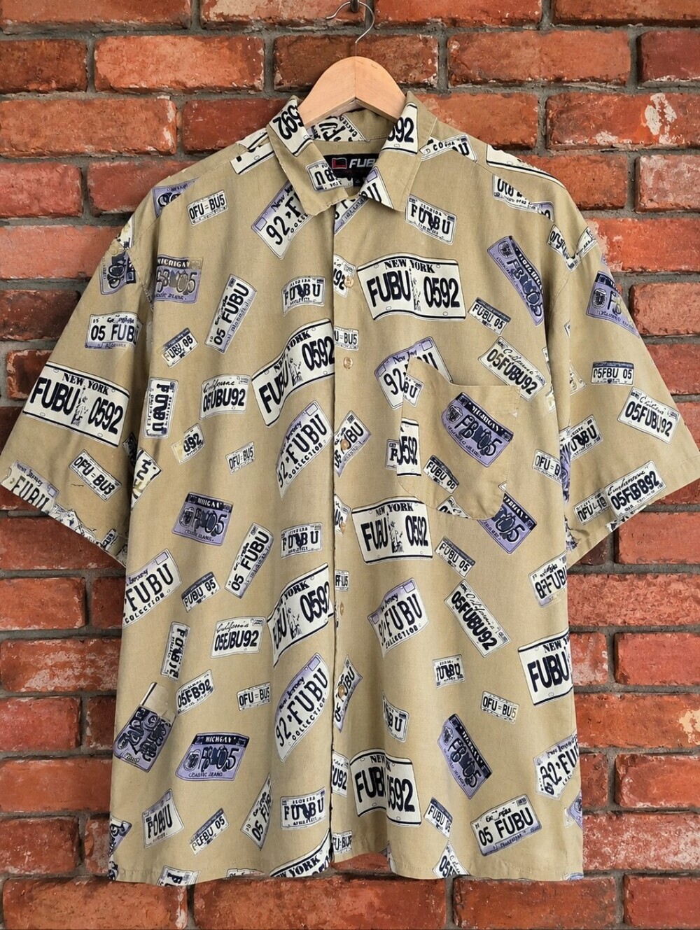 100% Silk FUBU The Collection Vintage Y2K License Plate Shirt XL Hip Hop